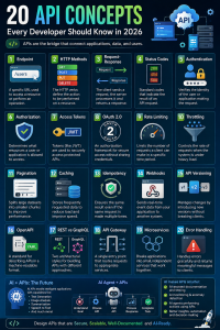 20 essential API concepts every developer should know including REST, OAuth, webhooks and AI APIs